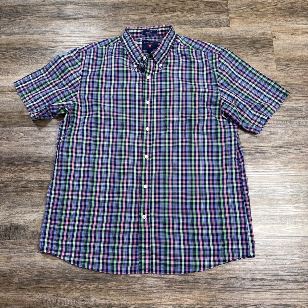 Saddlebred Brand Shirt Mens Large Short Sleeve Button-Up Plaid Purple Green Blue
